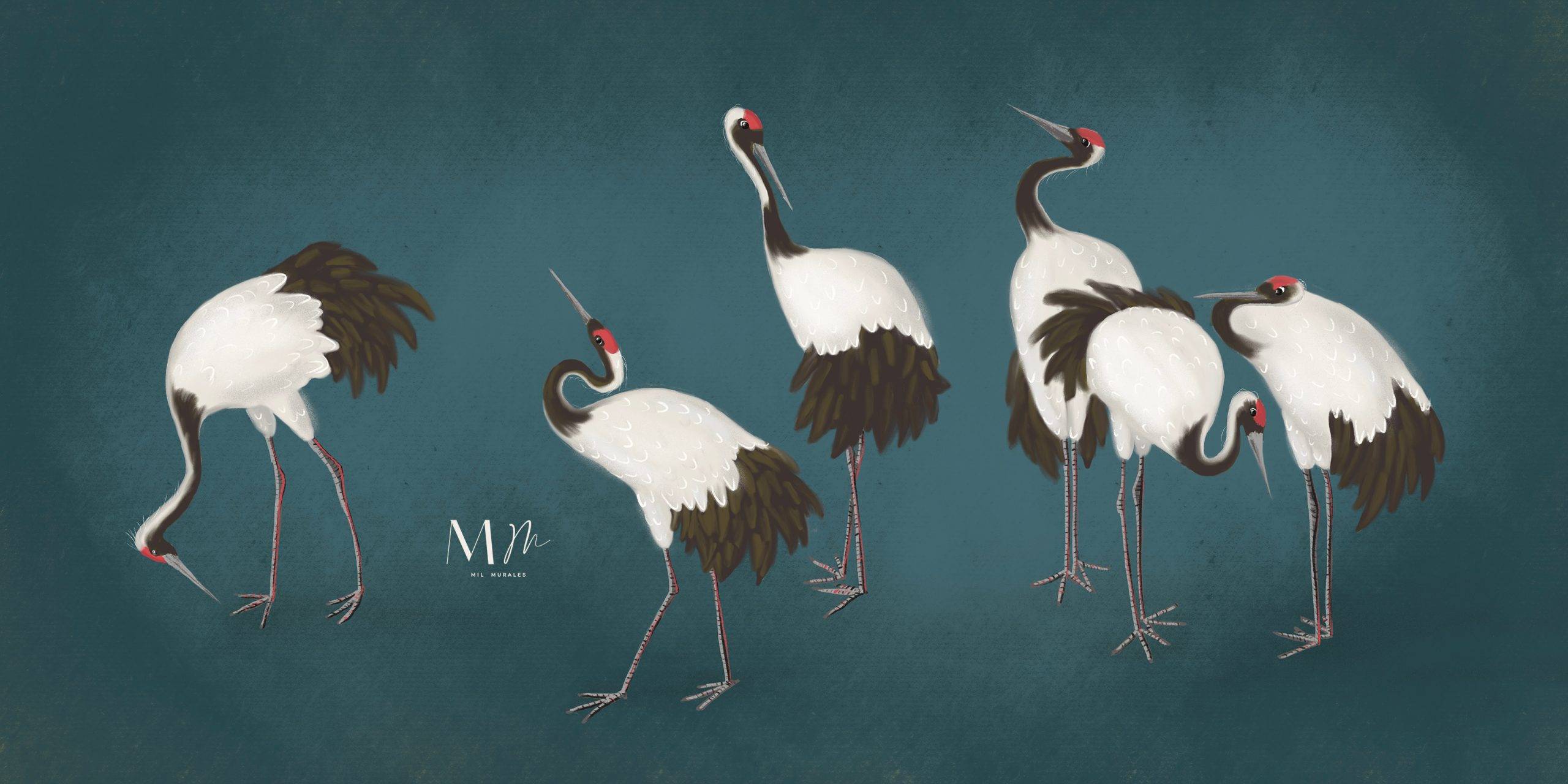 Grullas en fondo azul