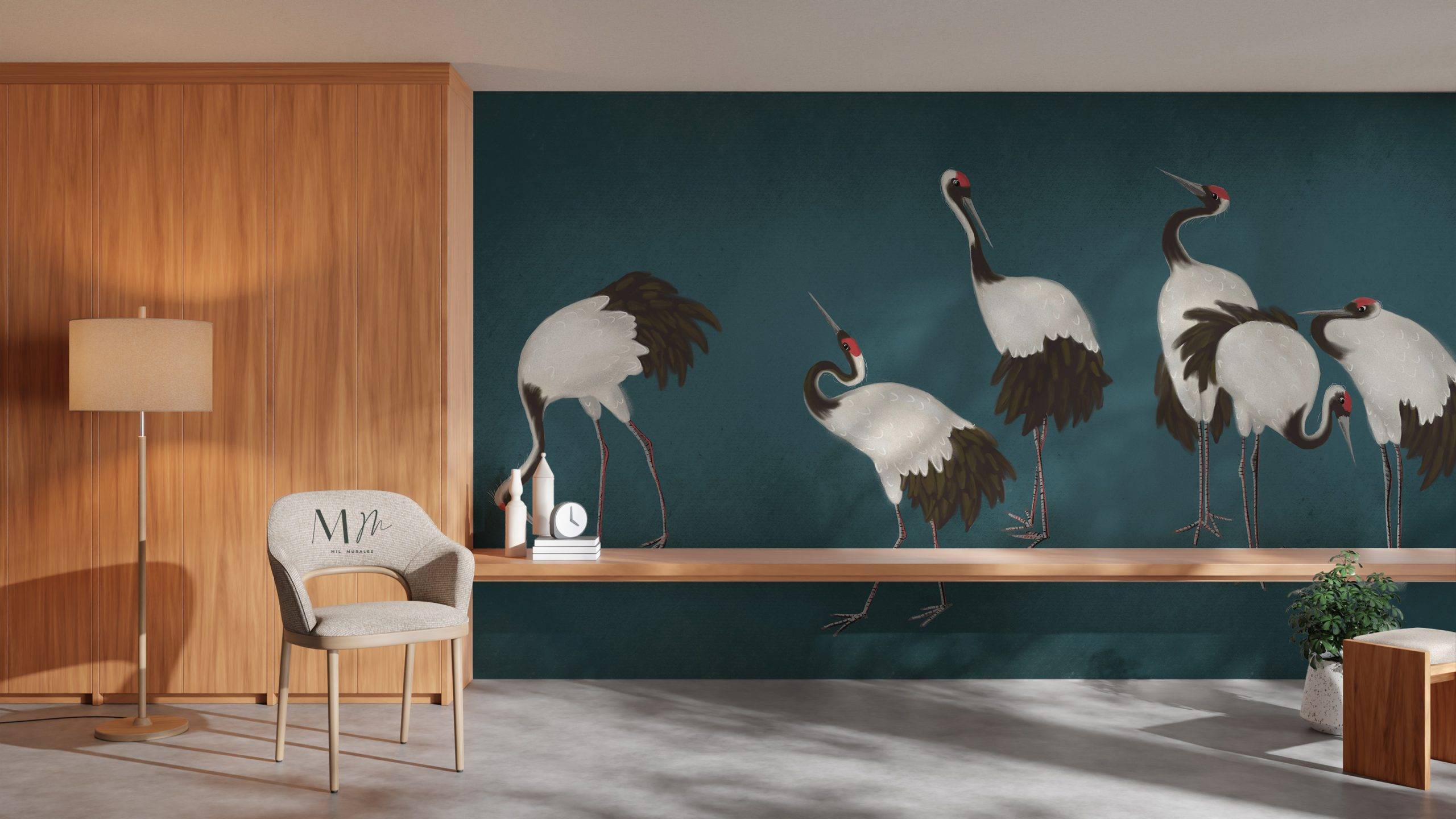 Grullas en fondo azul